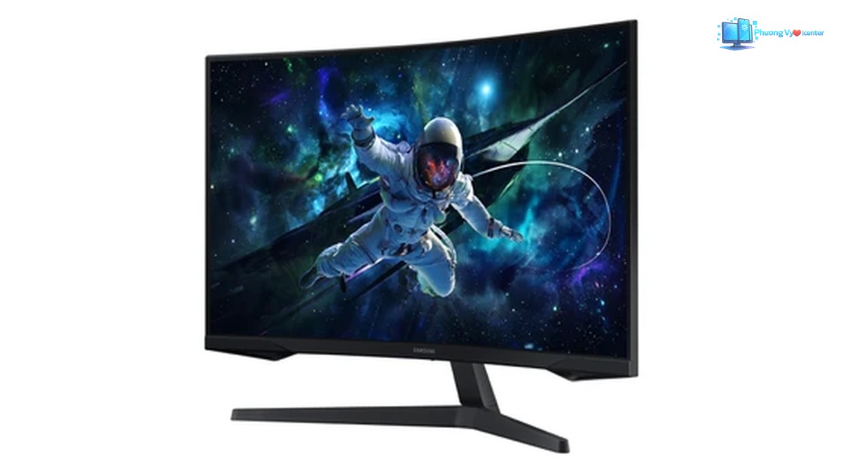 Samsung Odyssey G5 LS32CG552 nhìn nghiêng, thấy mặt hiển thị, cạnh bên và chân đế