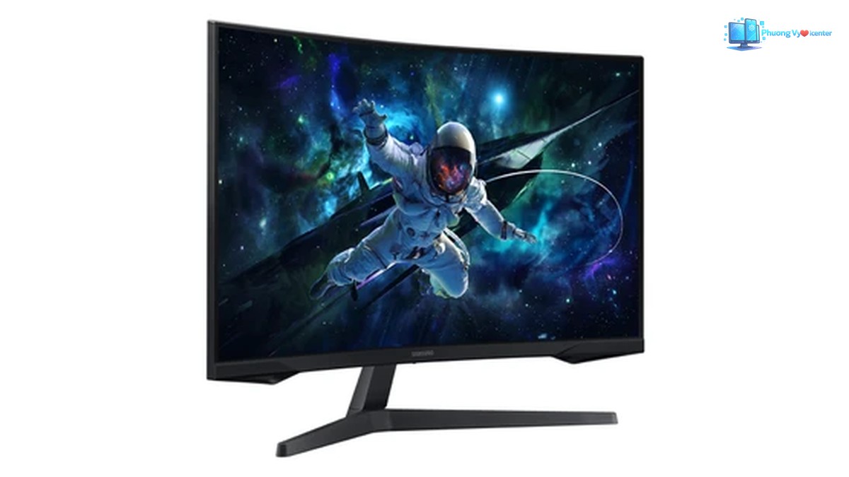 Samsung Odyssey G5 LS32CG552 nhìn nghiêng từ phía đối diện, hiển thị hình phi hành gia