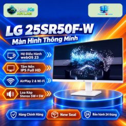 Màn hình thông minh LG MyView 25SR50F-W trên đế tròn, nổi bật giữa nền công nghệ
