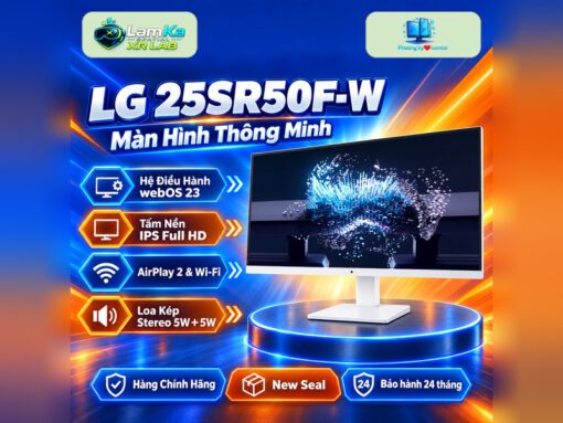 Màn hình thông minh LG MyView 25SR50F-W trên đế tròn, nổi bật giữa nền công nghệ