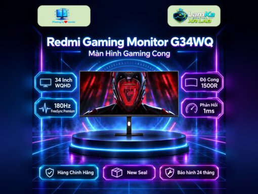 Màn hình gaming cong Xiaomi Redmi G34WQ trên đế tròn, nền công nghệ