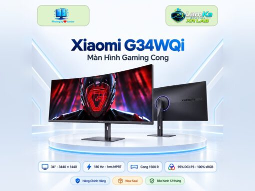 Màn hình cong Xiaomi G34WQi trên đế tròn trong nền công nghệ