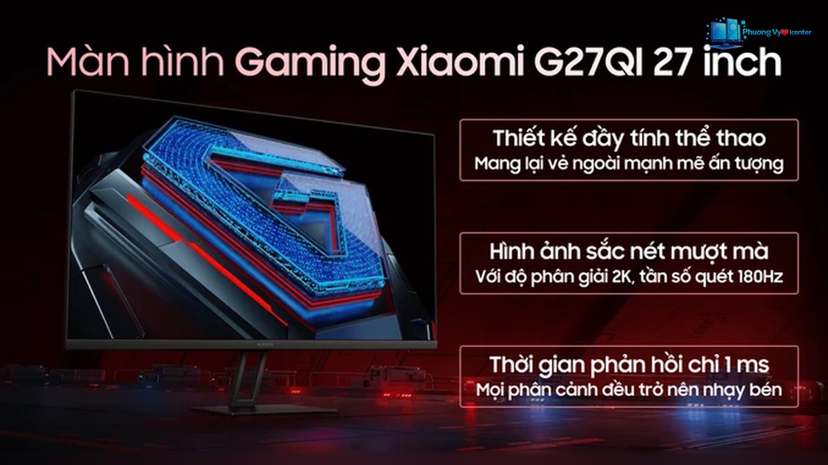 Xiaomi G27Qi nhìn nghiêng trên nền đỏ đen, kèm chữ giới thiệu tính năng