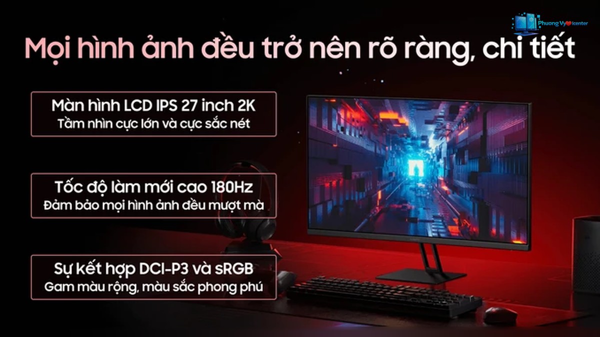 Xiaomi G27Qi trên bàn cùng bàn phím và chuột, đang hiển thị khung cảnh trò chơi