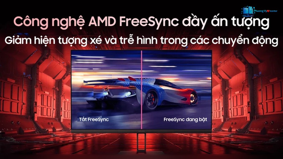 Xiaomi G27Qi hiển thị hình xe đua chia đôi để minh họa bật và tắt FreeSync