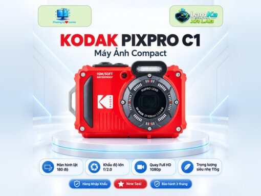 Máy ảnh KODAK PIXPRO C1 trên đế tròn với nền công nghệ