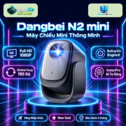 Máy chiếu Dangbei N2 Mini trưng bày trên đế tròn với phông nền công nghệ