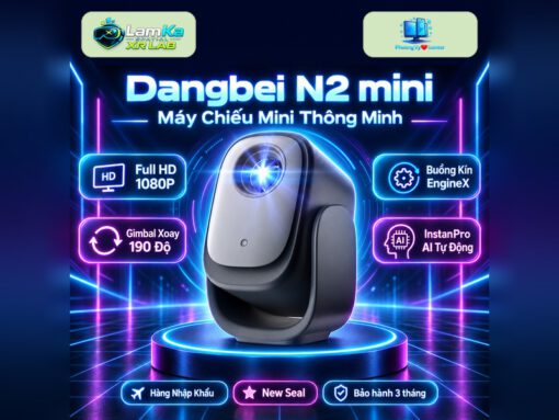 Máy chiếu Dangbei N2 Mini trưng bày trên đế tròn với phông nền công nghệ