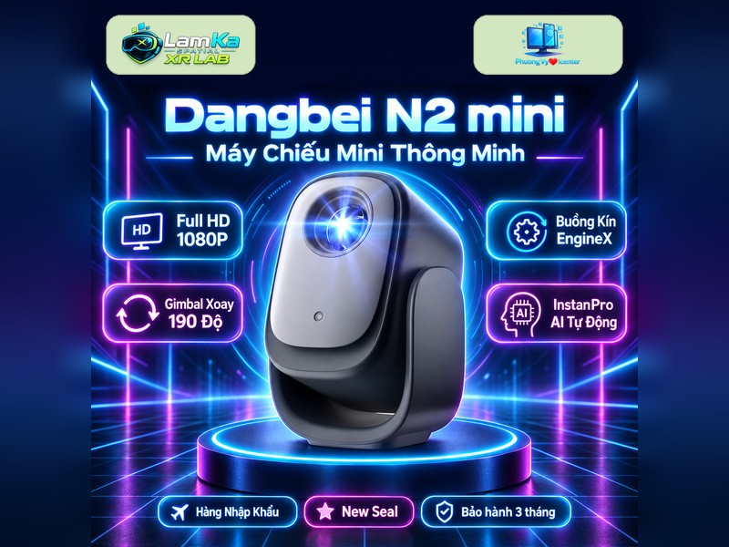 Máy chiếu Dangbei N2 Mini trưng bày trên đế tròn với phông nền công nghệ