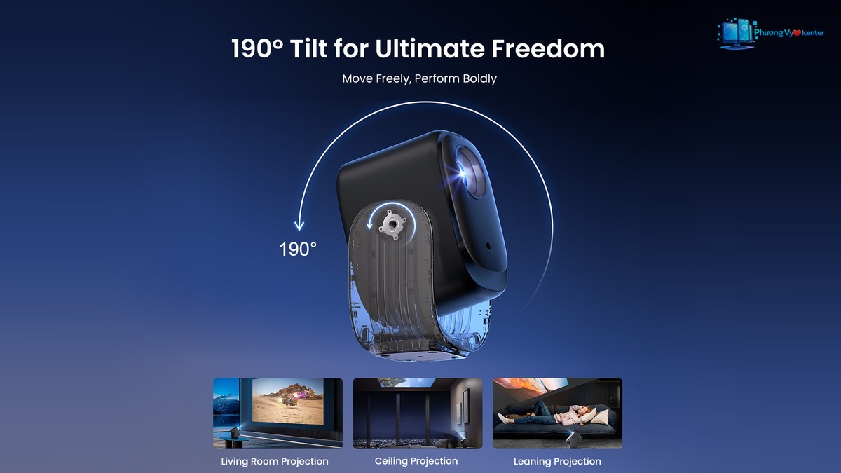 Dangbei N2 Mini minh họa chân Gimbal và các hướng chiếu lên tường, trần