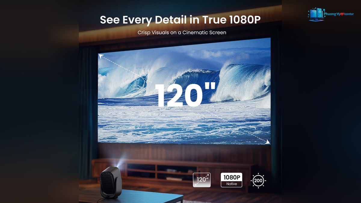 Dangbei N2 Mini minh họa khả năng hiển thị hình ảnh Full HD trên khung chiếu lớn