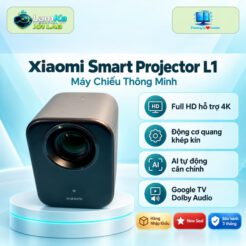 Xiaomi Smart Projector L1 màu trắng trên đế tròn với nền công nghệ