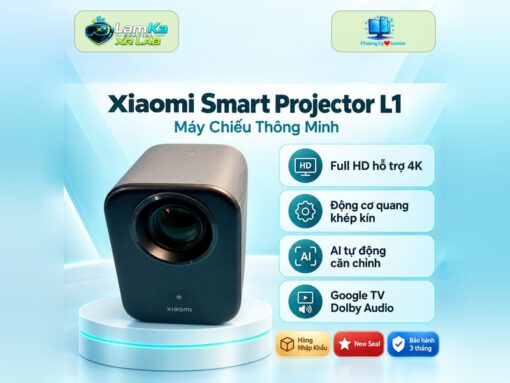 Xiaomi Smart Projector L1 màu trắng trên đế tròn với nền công nghệ