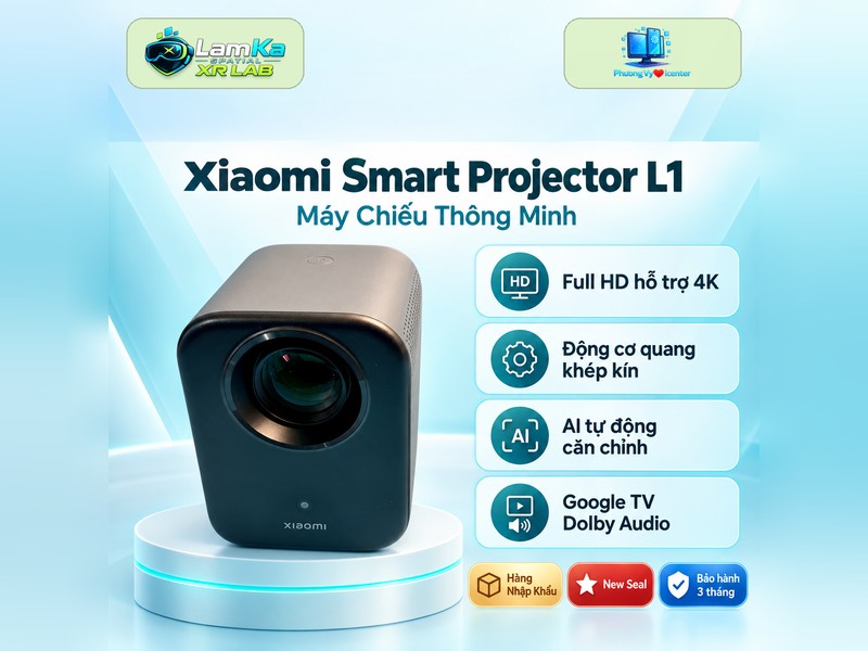 Xiaomi Smart Projector L1 màu trắng trên đế tròn với nền công nghệ