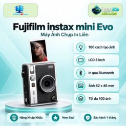 Máy ảnh Fujifilm Instax Mini Evo trên đế tròn với nền công nghệ