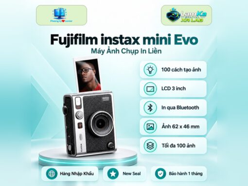 Máy ảnh Fujifilm Instax Mini Evo trên đế tròn với nền công nghệ