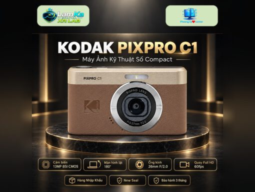 Máy ảnh Kodak PIXPRO C1 trên đế tròn với phông nền công nghệ
