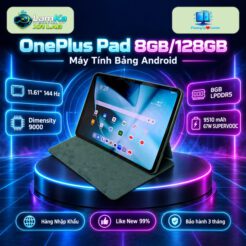 Máy tính bảng OnePlus Pad đặt trên đế tròn với nền công nghệ