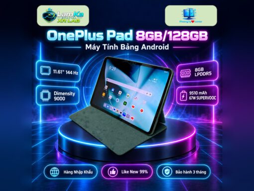 Máy tính bảng OnePlus Pad đặt trên đế tròn với nền công nghệ