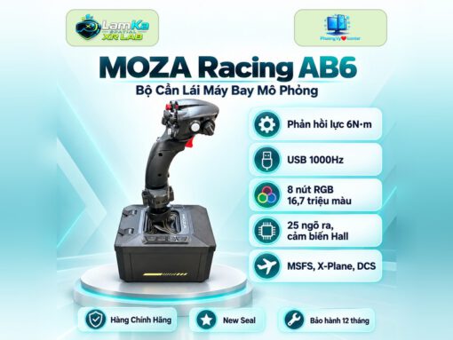 Bộ cần lái MOZA AB6 đặt trên đế tròn giữa nền công nghệ
