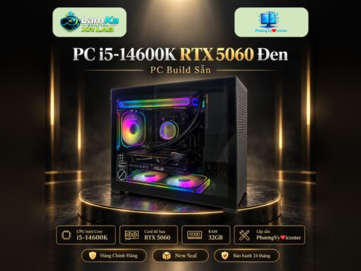 PC Gaming i5-14600K RTX 5060 Đen trên đế tròn, phông nền công nghệ