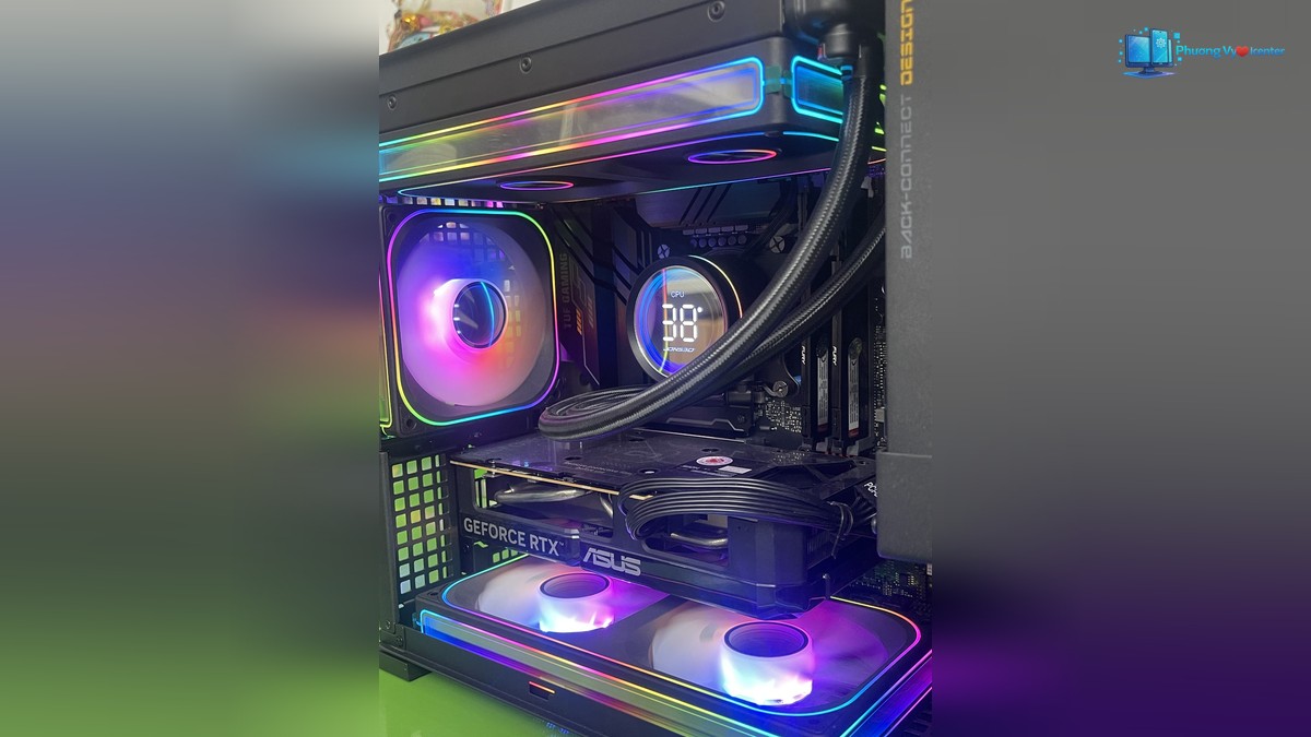 PC i5-14600K RTX 5060 chụp cận linh kiện, card GeForce RTX và quạt RGB