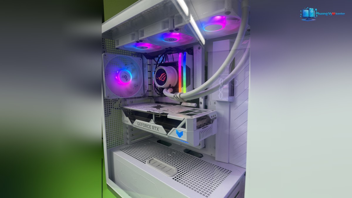 PC i9-13900K 4070 Ti Super chụp cận card đồ họa, ống tản nhiệt nước và dàn quạt RGB