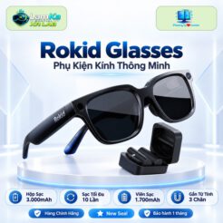 Phụ kiện Rokid Glasses được trưng bày trên đế tròn với nền công nghệ