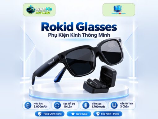 Phụ kiện Rokid Glasses được trưng bày trên đế tròn với nền công nghệ
