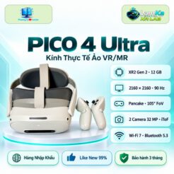 Kính VR/MR PICO 4 Ultra trên đế tròn với phông nền công nghệ