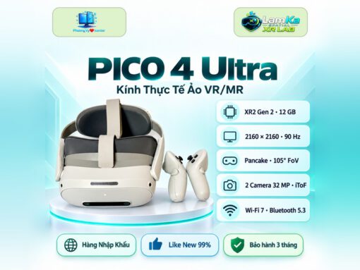 Kính VR/MR PICO 4 Ultra trên đế tròn với phông nền công nghệ