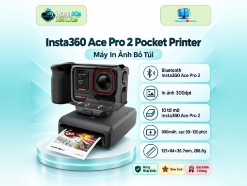 Máy in ảnh bỏ túi Insta360 Ace Pro 2 trên đế tròn, nền công nghệ