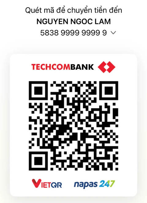 Mã QR chuyển khoản Techcombank 5838999999999 – NGUYEN NGOC LAM