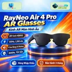 Kính AR RayNeo Air 4 Pro màu đen đặt trên đế tròn với nền công nghệ