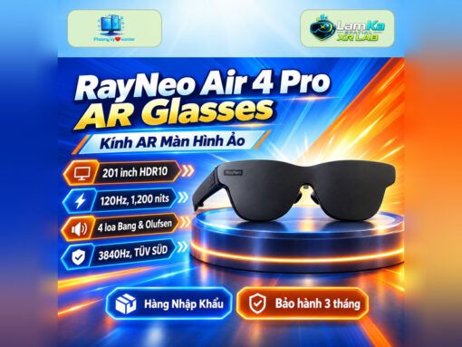 Kính AR RayNeo Air 4 Pro màu đen đặt trên đế tròn với nền công nghệ