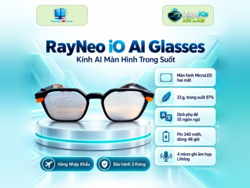Kính thông minh AI RayNeo iO đặt trên đế tròn với nền công nghệ