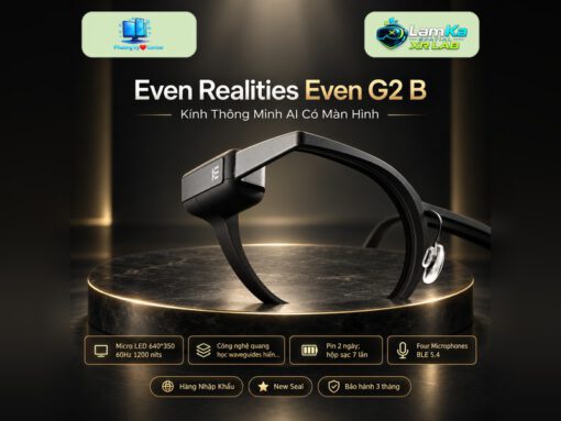 Kính thông minh Even Realities G2 B đặt trên đế tròn với phông nền công nghệ