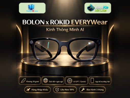 Kính thông minh AI BOLON x ROKID EVERYWear trên đế tròn, nền công nghệ