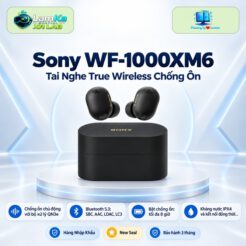 Tai nghe Sony WF-1000XM6 trưng bày trên đế tròn với nền công nghệ