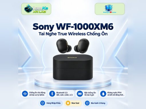Tai nghe Sony WF-1000XM6 trưng bày trên đế tròn với nền công nghệ