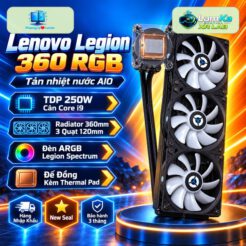 Tản nhiệt AIO Lenovo Legion 360 RGB trưng bày trên đế tròn với nền công nghệ