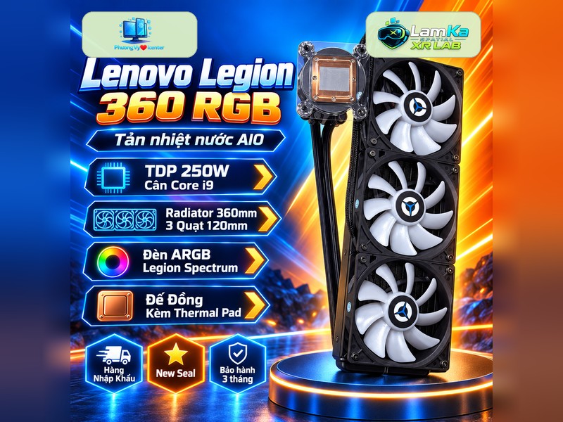 Tản nhiệt AIO Lenovo Legion 360 RGB trưng bày trên đế tròn với nền công nghệ