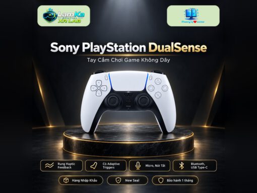 Tay cầm Sony PlayStation DualSense Midnight Black trên đế tròn với nền công nghệ