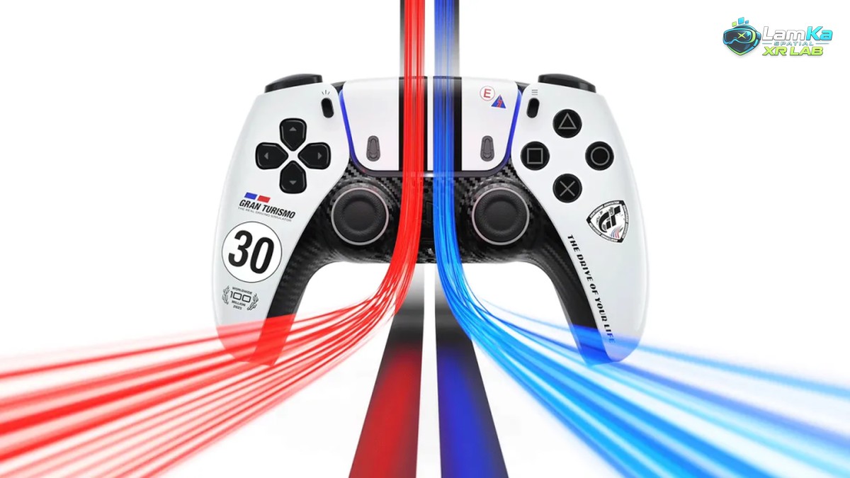 Tay cầm DualSense phiên bản Gran Turismo với số 30 và logo ở mặt trước giữa dải sáng đỏ xanh
