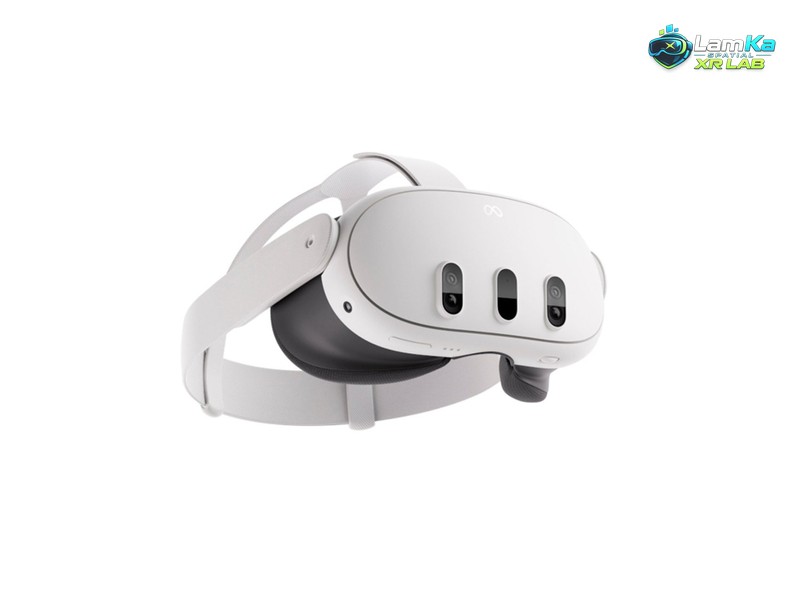 Kính thực tế ảo Meta Quest 3 với thân kính che kín mắt, dây đeo đầu và cụm camera phía trước