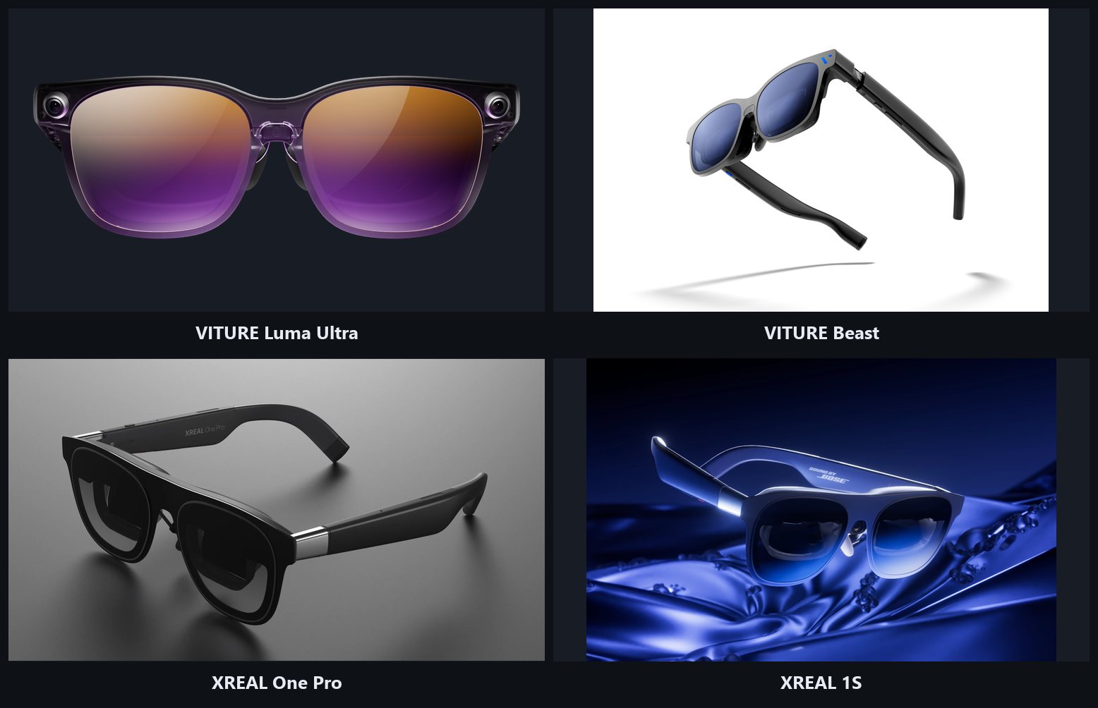 So sánh VITURE Luma Ultra với VITURE Beast, XREAL One Pro và XREAL 1S