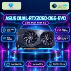 Card màn hình ASUS Dual RTX 2060 OC EVO trên đế tròn, nền công nghệ