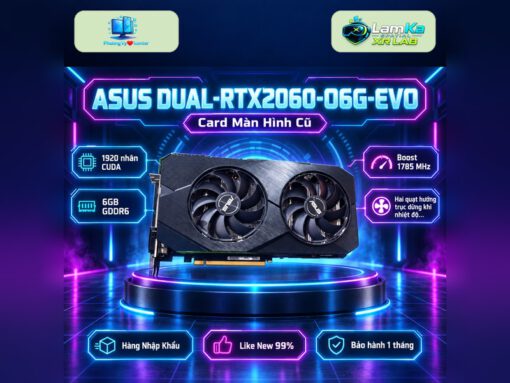 Card màn hình ASUS Dual RTX 2060 OC EVO trên đế tròn, nền công nghệ
