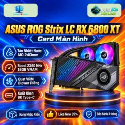 Card màn hình ASUS ROG Strix LC RX 6800 XT trên đế tròn với nền công nghệ