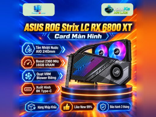 Card màn hình ASUS ROG Strix LC RX 6800 XT trên đế tròn với nền công nghệ